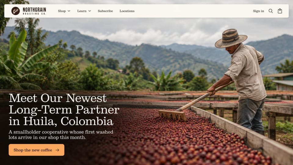 Cafe website design, roaster with a farm partner story: a farmer raking coffee cherries on drying beds in green hills, dark serif headline and orange button