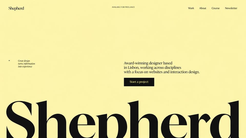 Portfolio website design, web and interaction designer in yellow: pale yellow page, a small quote and serif intro with a black button above an oversized black serif name