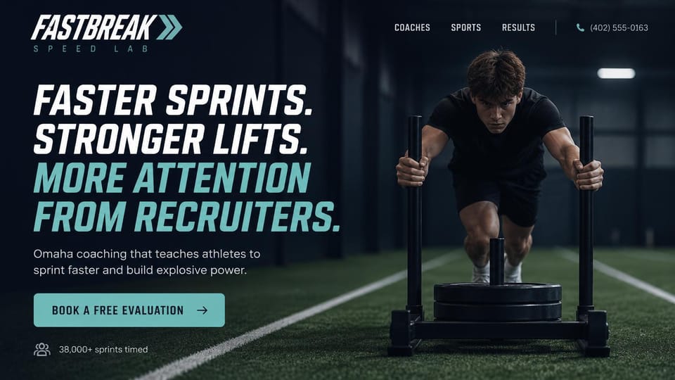 Personal trainer website design, speed training for young athletes chasing recruiters: dark navy page, a large italic white and teal headline, a teal evaluation button, a teenage athlete pushing a sled on turf