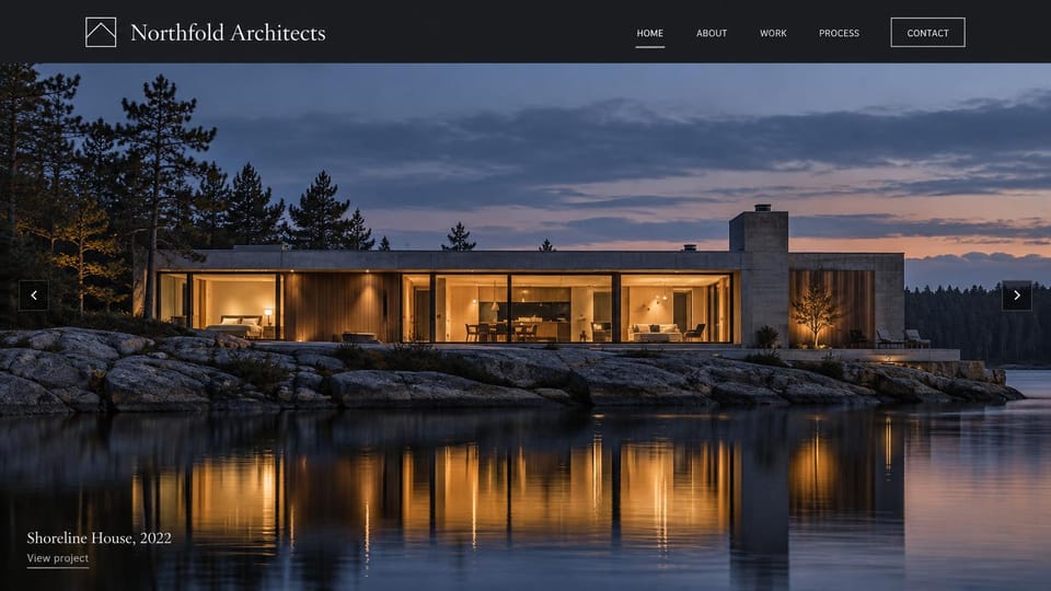 Architecture website design, residential architect with a lakeside house at dusk: black nav bar above a concrete and timber house lit at dusk on a rocky lakeshore, its lights reflected in the water