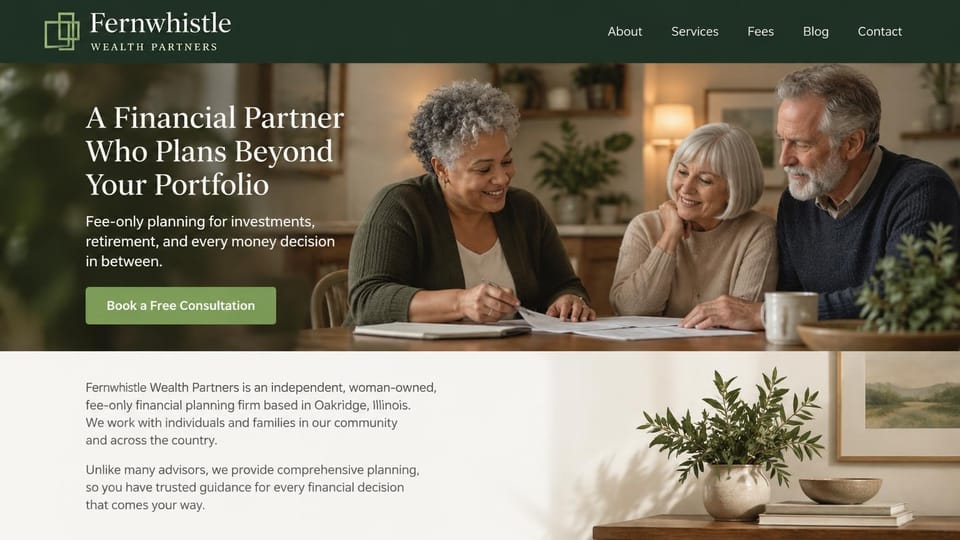 Financial advisor website design, fee-only planning from a woman-owned firm: dark green header, an older Black woman advisor with an older couple under a dark overlay, white serif headline at left and light green button
