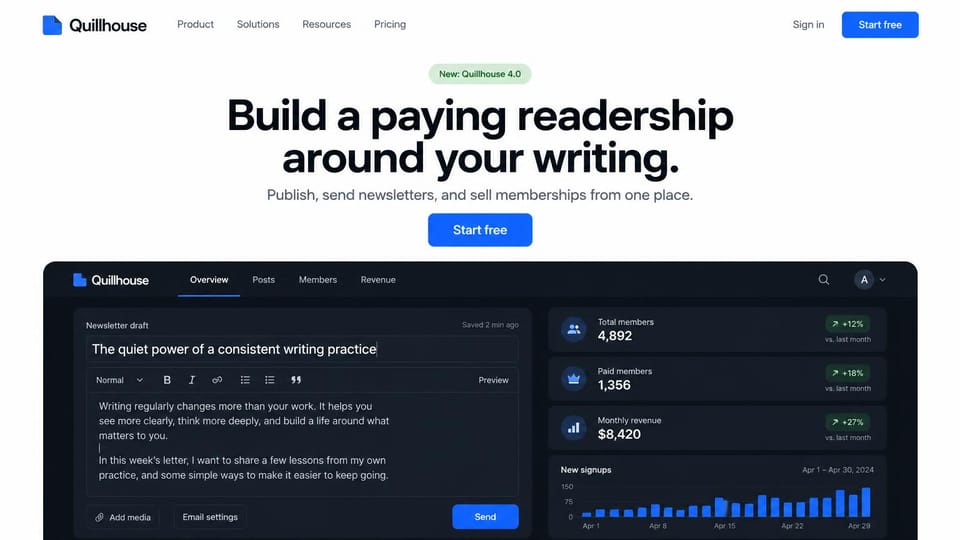 SaaS website design, writing platform with the dashboard in view: white page, bold black centered headline and a blue button above a dark editor and revenue dashboard