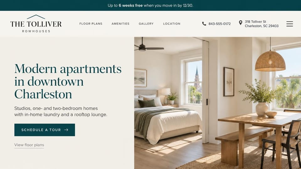 Apartment website design, downtown apartments with a steeple in the window: teal offer bar, a serif wordmark under a roofline, phone and address in the header, a teal serif headline and tour button and a bright bedroom and dining room with a church steeple in the window