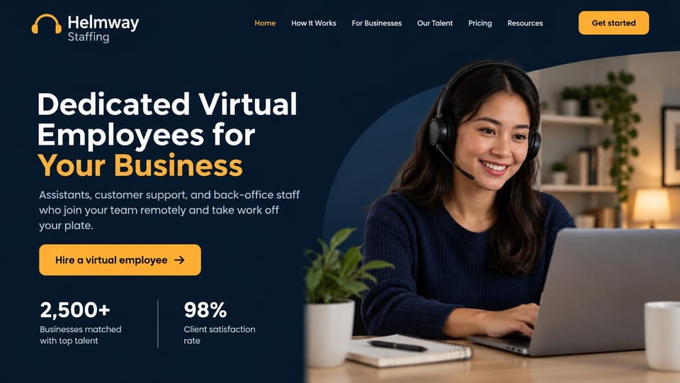 Virtual assistant website design, virtual staffing agency with proof up front: dark navy page, a white and amber headline, an amber hire button, two stats below, a smiling woman in a headset at a laptop in a warm room