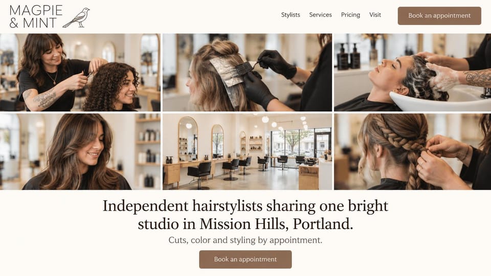Salon website design, shared studio for independent stylists: cream page, a grid of six salon photos above a centered serif headline and a brown button