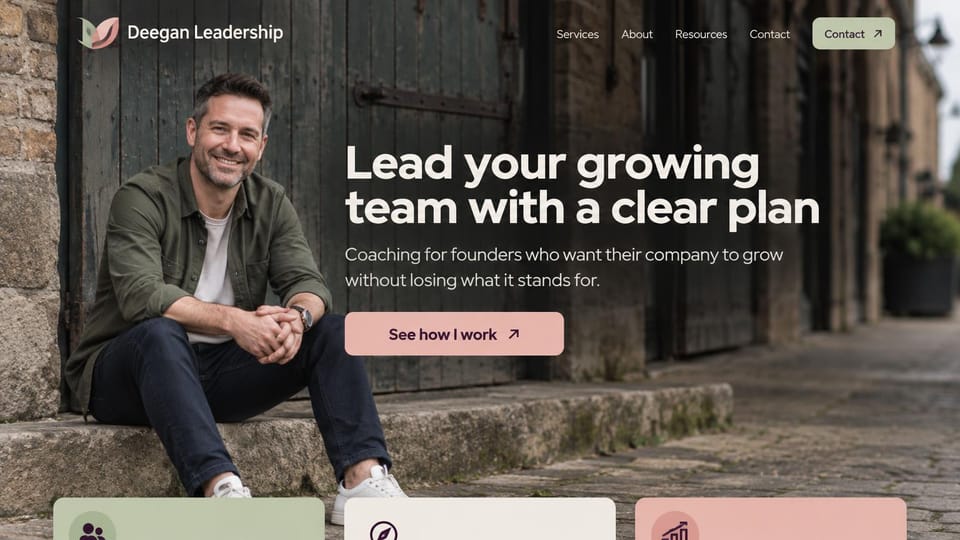 Coaching website design, coaching for founders on a stone step: a coach sitting on old stone steps, a white sans headline, a pink button and pastel tiles below
