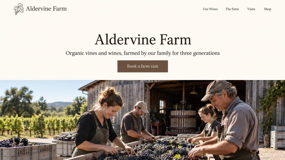 Winery and brewery website design, organic family vineyard with a centered welcome: cream page, a centered serif name and short line, a brown button, a wide photo of a family sorting grapes outside a wooden barn