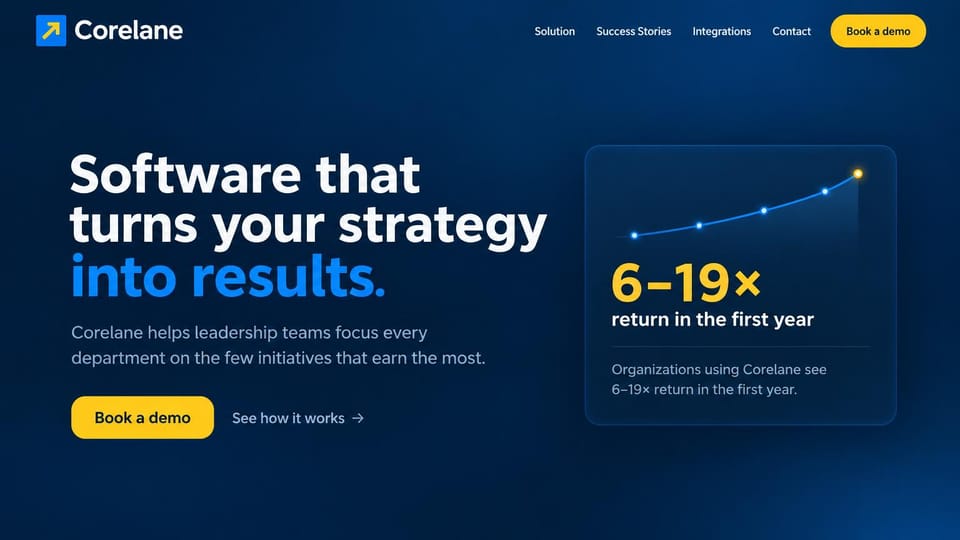Business website design, strategy software with one result card: deep navy, white and bright blue headline, a yellow demo button and a glowing growth chart card