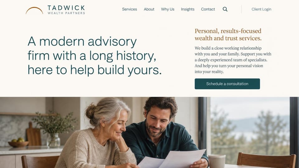 Financial advisor website design, wealth and trust services, text first: cream page, large dark headline, copper subhead, dark green button and a strip of client photos below