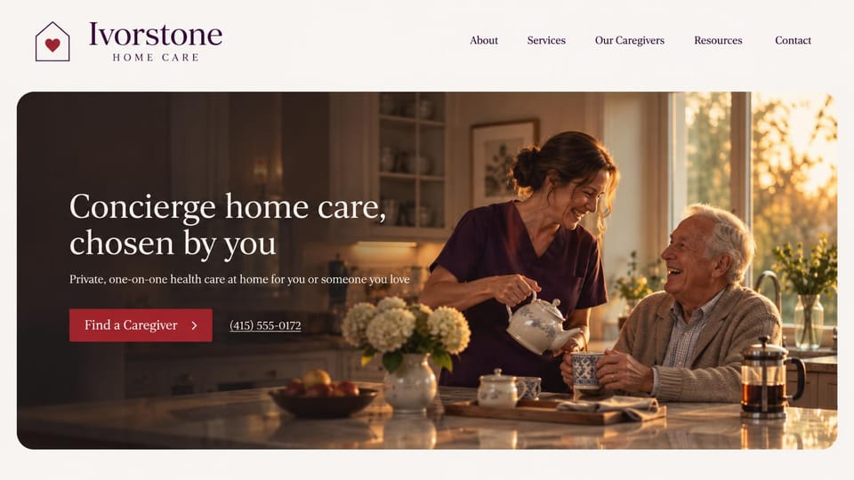 Home care website design, concierge home care with a find a caregiver button: cream page, a serif logo, a large rounded photo of a caregiver pouring tea for an older man in warm light, a white serif headline and a red find a caregiver button
