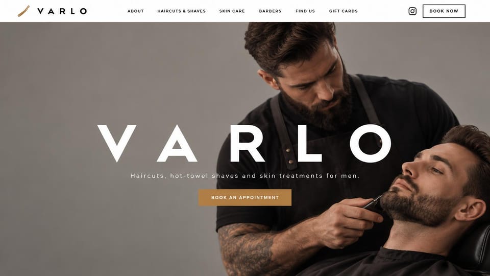 Barbershop website design, minimal men's grooming studio in soft gray: white menu bar, a muted gray photo of a tattooed barber trimming a client's beard, huge spaced white capitals and a gold button