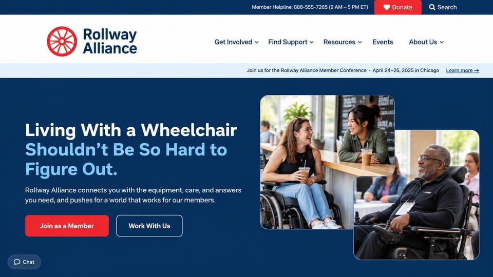 Nonprofit website design, disability support with membership up top: navy and red, two photos of wheelchair users with friends beside a bold headline