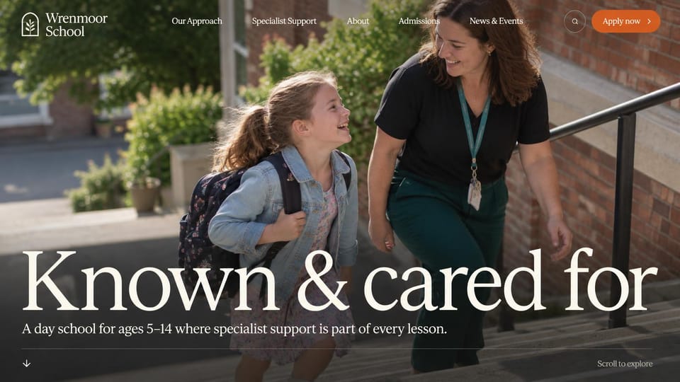 School website design, learning support school in oversized serif: a teacher and a young girl climbing school steps, a very large cream serif headline across the bottom