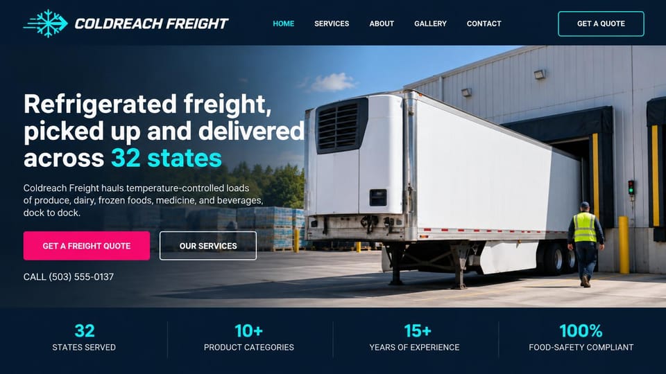 Logistics website design, refrigerated carrier with a stats strip: navy page, a daytime photo of a refrigerated trailer backed into a dock with a worker in a safety vest, white headline with a cyan highlight, pink quote button, a stats strip