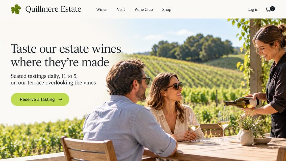 Winery and brewery website design, terrace tastings with a bright green button: bright photo of guests at a terrace table above vineyard rows as a host pours white wine, dark serif headline and a lime green pill button