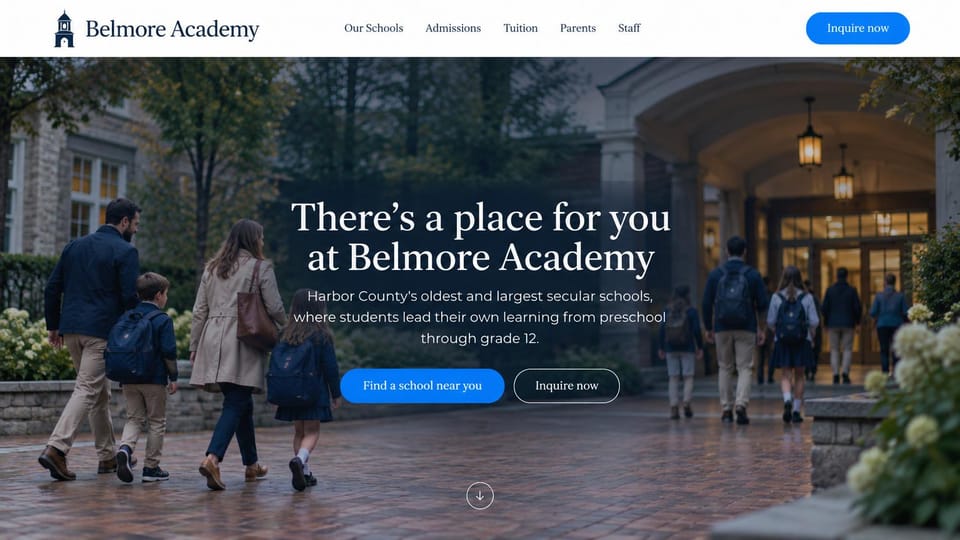 School website design, school network with a find-a-school button: dusk photo of families and students walking toward an arched school entrance, a centered white serif headline, a blue button