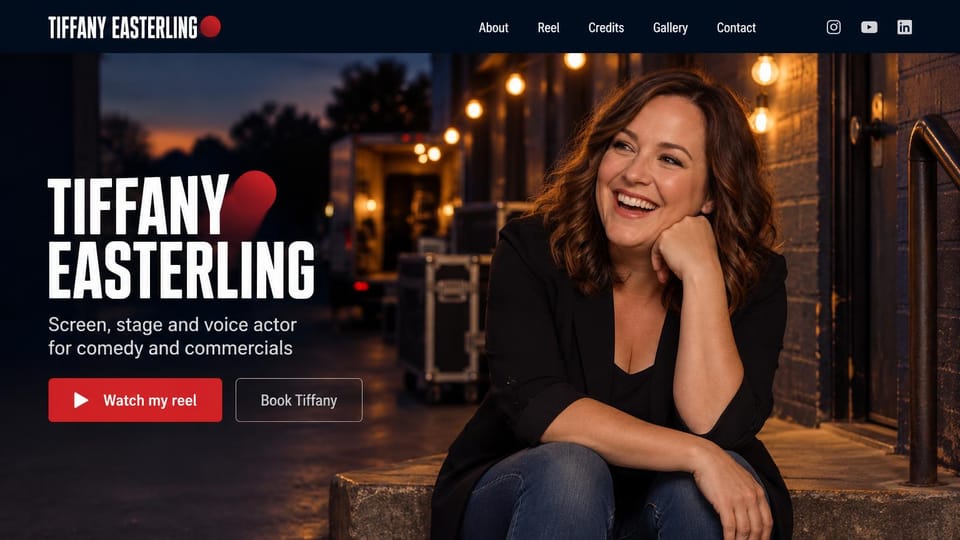 Actor website design, comedy and commercial actor with a night portrait: navy page, a bold white condensed name with a red dot, a red reel button and a laughing woman sitting on steps under string lights at night