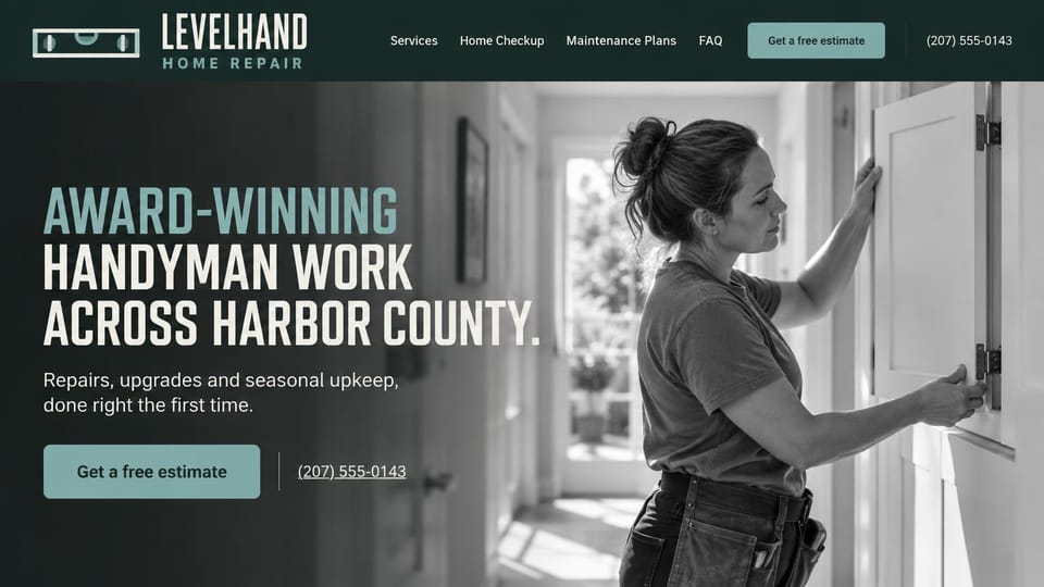 Handyman website design, home repair with a black and white hero: dark green header, a grayscale photo of a woman hanging a cabinet door, a tall condensed white and teal headline, a muted teal estimate button