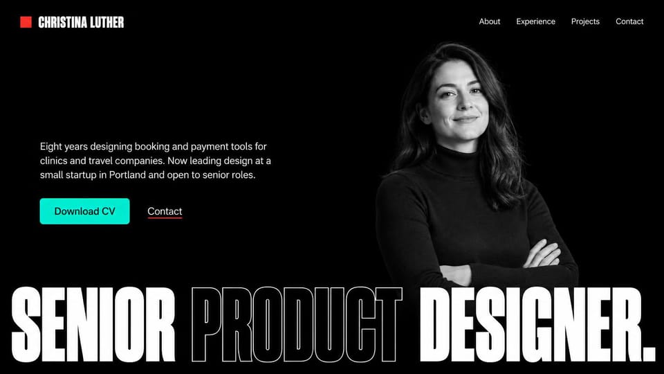 Resume website design, product designer with a giant job title along the bottom: black page, a huge white condensed job title with one word in outline, a black and white portrait of a woman with crossed arms and a turquoise download CV button