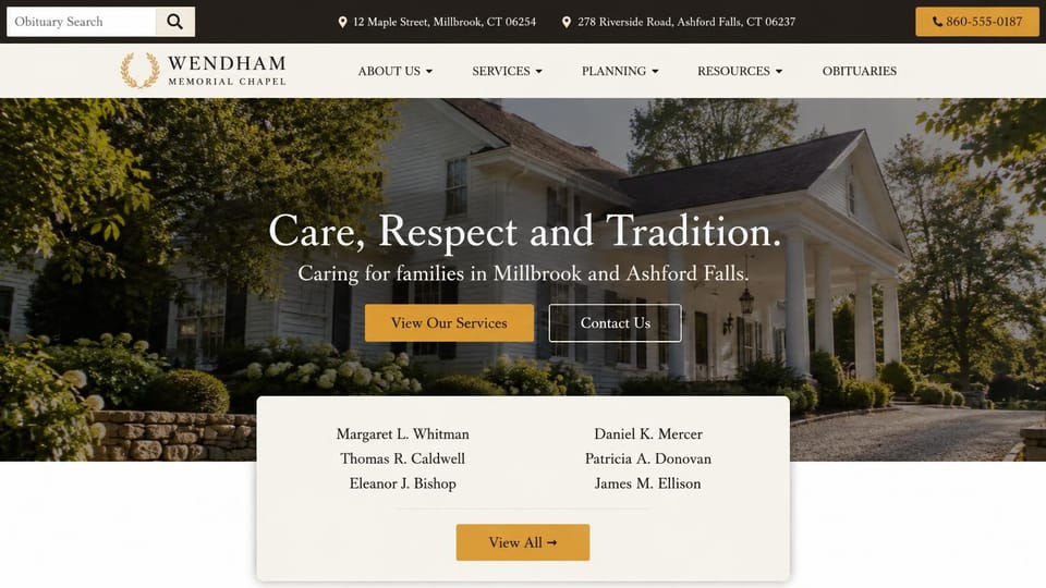 Funeral home website design, traditional funeral home with recent names: dark top bar with two addresses and a gold phone button, a photo of a white colonial funeral home, a white serif headline, gold and outlined buttons and a white card of names