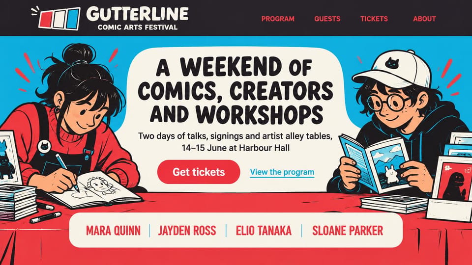 Event website design, comic arts festival in a cartoon style: bright cartoon of two young artists drawing and reading comics, black headline in a speech bubble, red ticket button