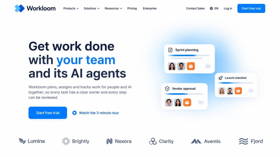 SaaS website design, team work app with floating task cards: white page with a soft blue glow, black and blue headline, a blue button and floating task cards