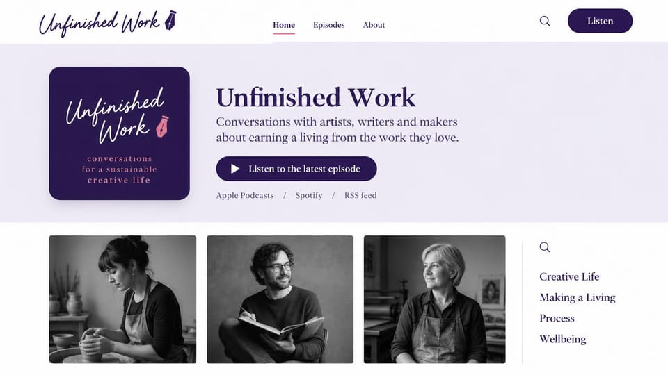 Podcast website design, interview show with guest portraits: pale lavender band, purple script cover art, a navy play button and three black and white portraits