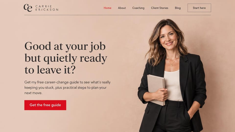 Coaching website design, career coaching that leads with a free guide: soft peach page, a dark serif question headline, a red button and a coach holding a notebook