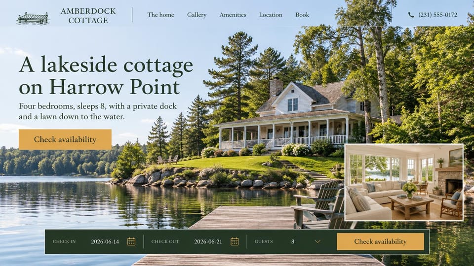 Vacation rental website design, lakeside cottage with a room photo inset: a white cottage with a wraparound porch on a lawn above a lake and dock, dark green serif headline, gold buttons, an inset living room photo and a dark green date bar