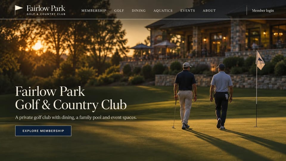 Sports team website design, golf and country club with membership first: dark sunset photo of golfers walking toward a clubhouse, a large white serif club name on the left and a navy membership button