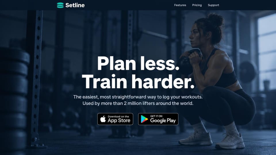 Mobile app website design, workout log with a gym photo: dark blue gym photo of a woman lifting, a large white headline and two store badges