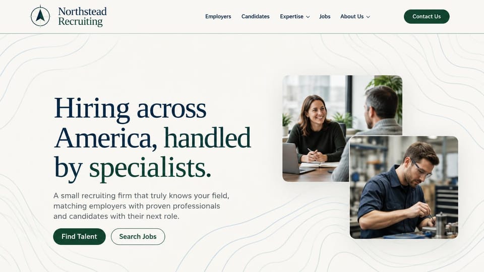 Recruiting website design, specialist recruiting firm with overlapping photos: ivory page with faint contour lines, a navy and green serif headline, a green and an outlined button, overlapping photos of an interview and a machinist