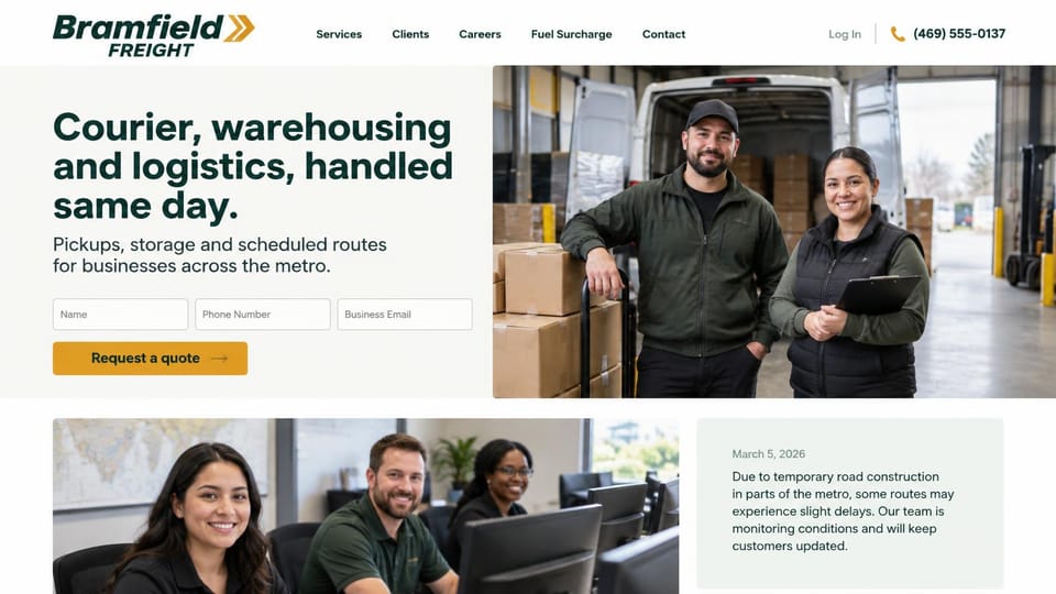 Logistics website design, courier and storage with an inline quote form: cream page, dark green headline, an inline quote form with an amber button, two smiling staff by an open van, an office team photo and a notice card below