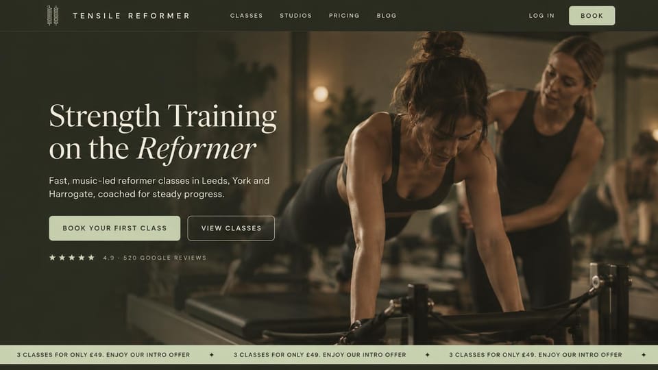 Fitness website design, reformer strength studio in several cities: dark olive tones, a woman on a reformer, cream serif headline and a scrolling offer strip