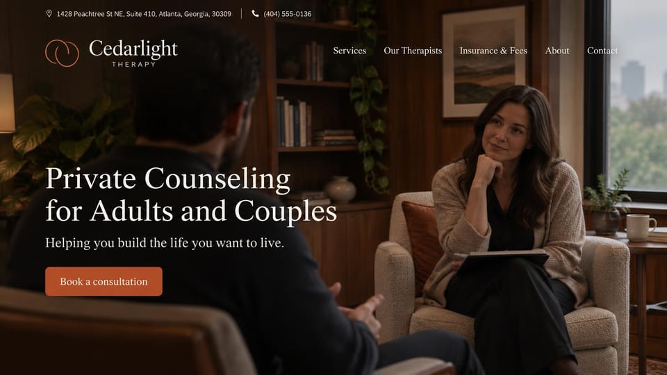 Therapist website design, counseling for adults and couples, dark and warm: dark warm office, a therapist listening in an armchair, white serif headline and a rust button