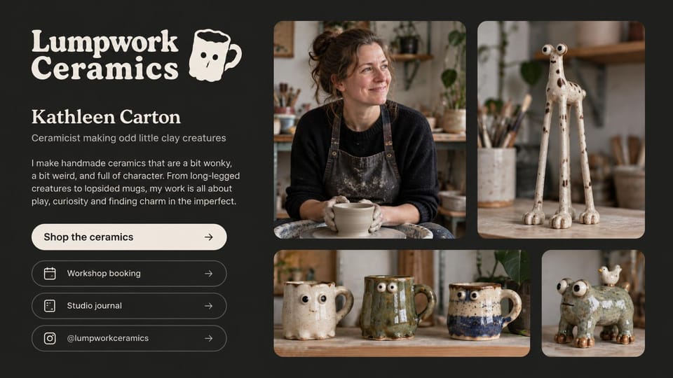 Artist website design, ceramics as a simple link page: charcoal page, cream text and outlined buttons beside rounded photos of a potter and quirky clay creatures