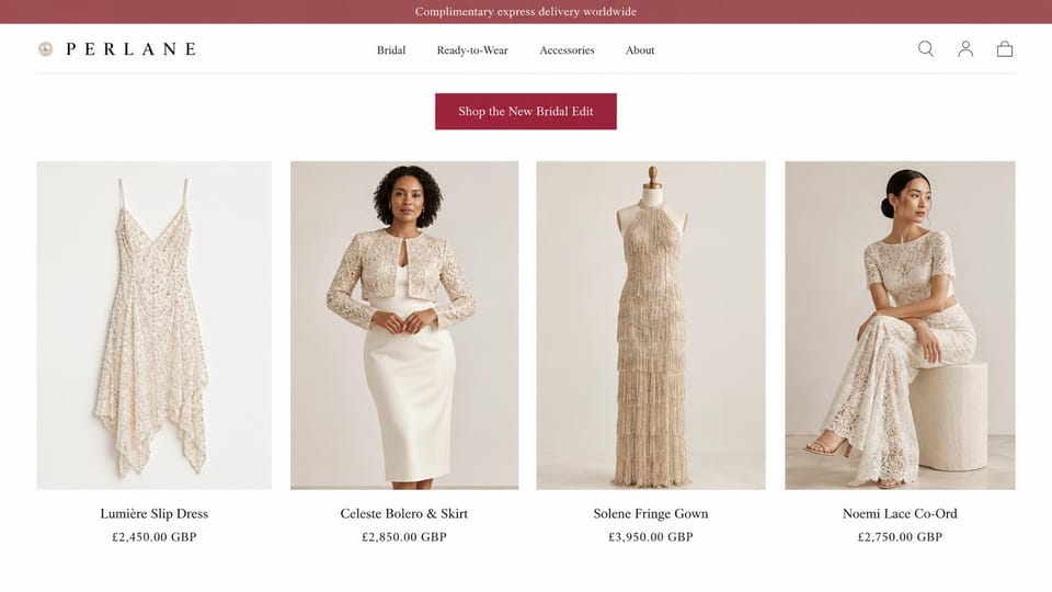 Fashion website design, bridal separates in a four-card product grid: white page with a spaced logo, a centered deep red button and four cards of ivory and champagne bridal dresses and separates with names and prices