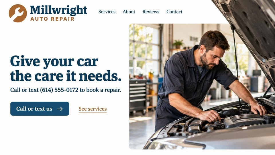Auto repair website design, independent shop with call or text booking: white page, a navy serif headline, a navy call button and a copper services link, a mechanic leaning into an engine bay with the open hood rising past the photo's edge