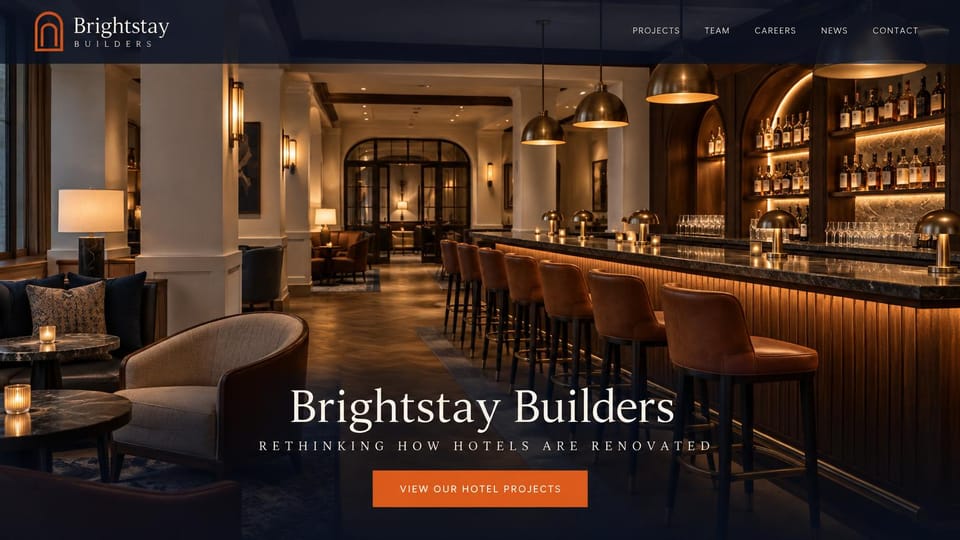Construction website design, hotel renovation in a lamplit bar: dark hotel bar with leather stools and warm lamps, a centered cream serif name over spaced capitals and an orange projects button