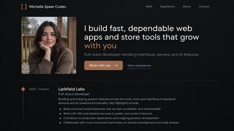 Resume website design, full-stack developer with a work timeline in copper: charcoal page with copper accents, a small portrait of a smiling woman, a white and copper headline, a copper work with me button and a dated role with bullet points