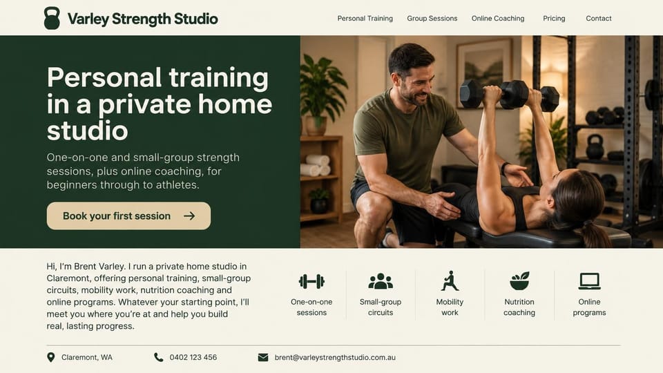 Personal trainer website design, private home studio with a row of service icons: deep green hero panel with a white headline and a tan session button, a trainer spotting a woman's dumbbell bench press, a cream band with an intro, service icons and contact details
