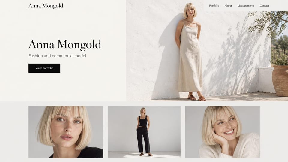 Model portfolio website design, fashion model against a sunlit white wall: ivory page, a dark serif name, a black portfolio button, a blonde woman with a bob in a cream linen dress against a sunlit white wall and three studio photos below