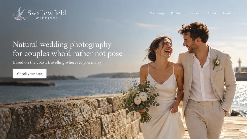 Wedding photographer website design, natural wedding photographer on a sunny harbor wall: bright blue sky and sea, a laughing couple walking along a stone harbor wall, a white serif headline on the left and a white button