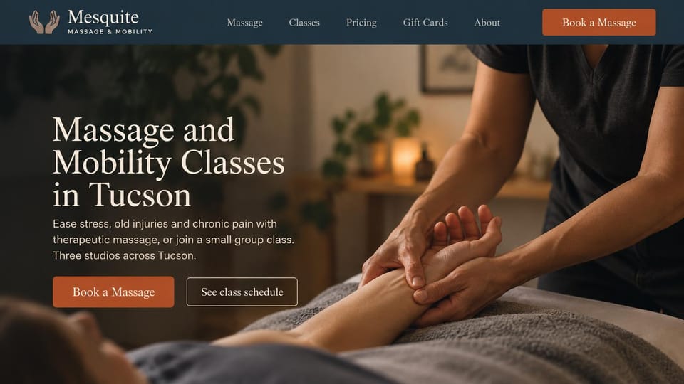 Massage therapist website design, several studios with massage and movement classes: dark navy menu bar over a warm photo of a therapist working on a forearm, a cream serif headline and a rust button
