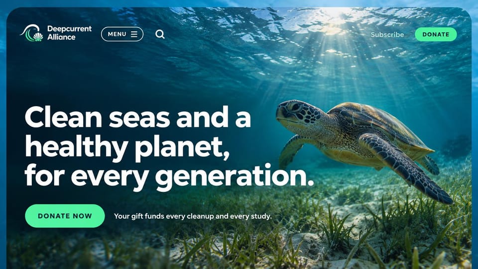 Nonprofit website design, ocean conservation, underwater and bold: underwater scene with a sea turtle, large white headline and mint green donate buttons