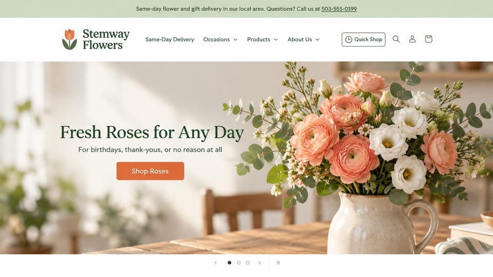 Florist website design, same-day delivery florist with a rose feature: green delivery bar, photo of peach roses and white flowers in a pitcher, green serif headline, orange shop button