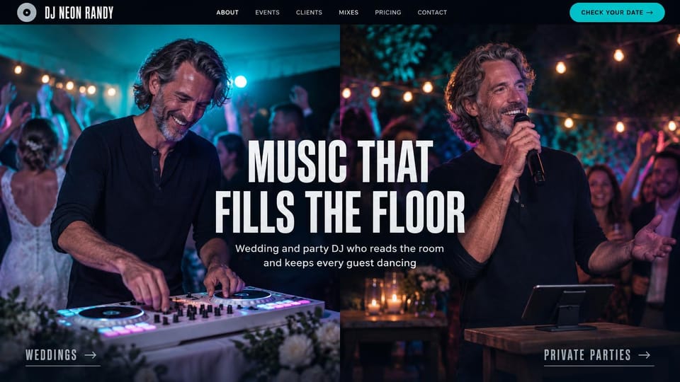 DJ website design, wedding and party DJ in a split photo: split night photos of a DJ at a lit controller and holding a mic under string lights, a huge white condensed headline and a teal button