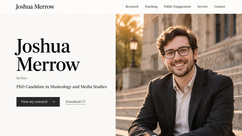 Student portfolio website design, graduate student with research up front: ivory page, a large black serif name, a dark research button and a CV link beside a smiling man in glasses on stone campus steps
