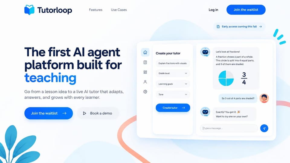 SaaS website design, education startup with a tutor preview: white page, black and blue headline, a blue waitlist button and a tutor chat with a fraction chart