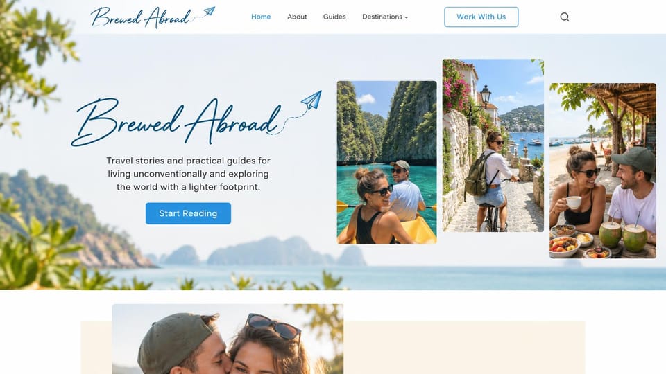 Blog website design, couple's travel blog, bright and airy: pale blue coastal backdrop, a navy script logo, three photos of a couple traveling and a blue button